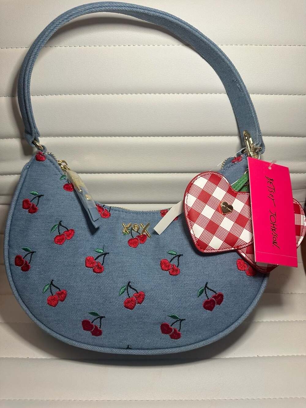 Betsey Johnson Xonorthy Denim Cherry Embroidered Crescent Shoulder Bag w/ Charm